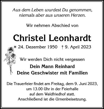 Traueranzeigen Von Christel Leonhardt Trauer Nordkurier