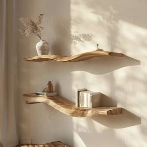 Wavy Shelf Live Edge Floating Shelves Solid Wood Wall Mount Bookshelf