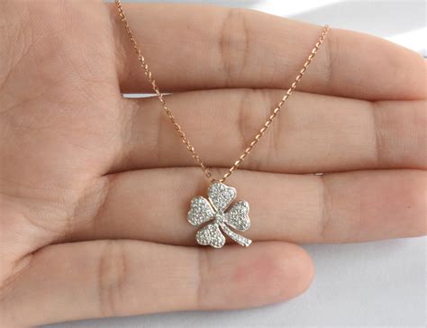 Diamond Clover Charm Necklace K K K Gold Four Leaf Etsy