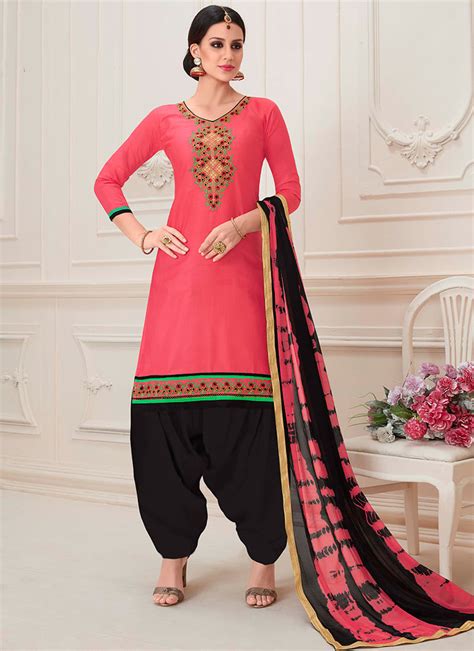 Buy Pink Blended Cotton Patiala Suit Embroidered Salwar Suit Online