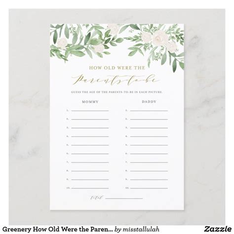 Greenery How Old Were The Parents Baby Shower Game Enclosure Card Zazzle