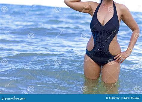 Woman With Black Bikini Show Shape Huge On Beach Stock Image Image Of