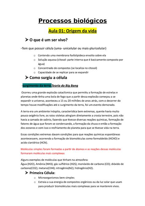 Processos biológicos origem da vida Processos Aula 01 Origem da