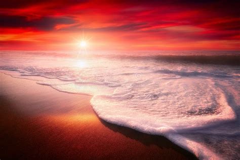 Red Sunset on Beach with a Wave Stock Photo - Image of golden, ocean ...