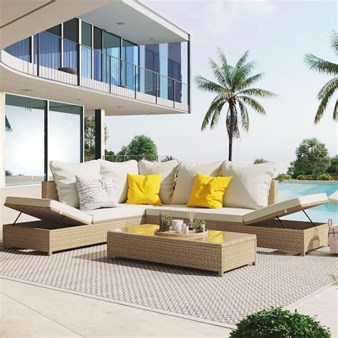 3-Piece Wicker Outdoor Sectional with Tempered Glass Table Sectional Set with Adjustable Chaise ...