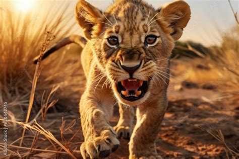 lion cub playing, full body camera, beautiful background, savannah ...