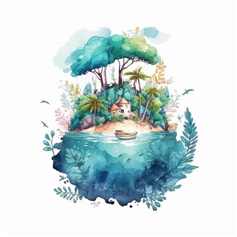 Uma Ilustra O Em Aquarela De Uma Ilha Tropical Um Barco Na Ilha