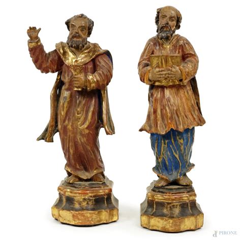 Due Antiche Sculture In Legno Policromo Raffiguranti Santi H Max Cm