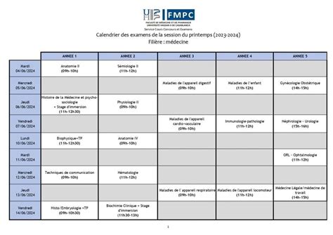 Fili Re M Decine Calendrier Des Examens De La Session Du Printemps