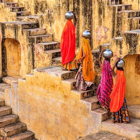 Indian Women Carrying Water From Stepwell Near Jaipur Rajasthan India