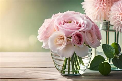 Premium Photo Pink Roses In A Glass Vase On A Table