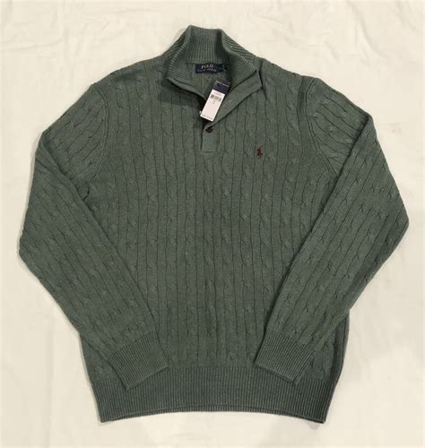 Polo Ralph Lauren Sweater Blue Tussah Silk Cable Knit Zip Mens