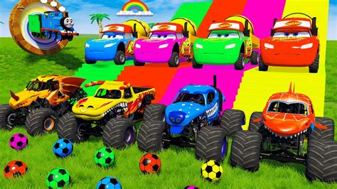 5 MONSTER TRUCKS Vs Big Small Lightning Mcqueen Vs Slide Colors With