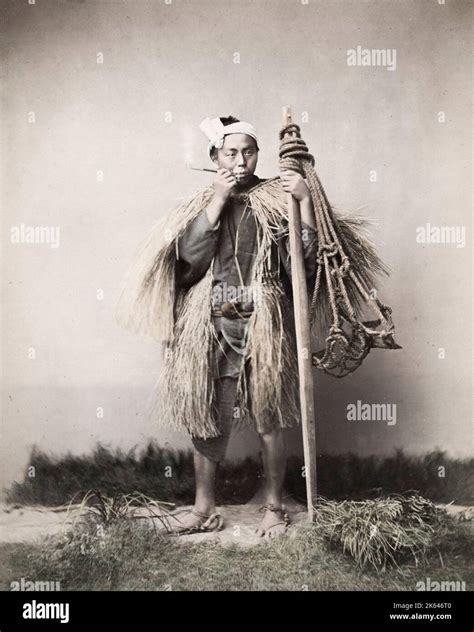 19th century vintage photograph: coolie, farm worker, labourer, smoking ...