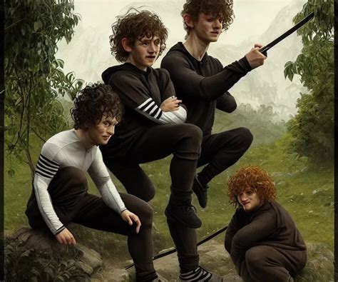 Portrait Three Hobbits As Squatting Slavs In Black Stable Diffusion