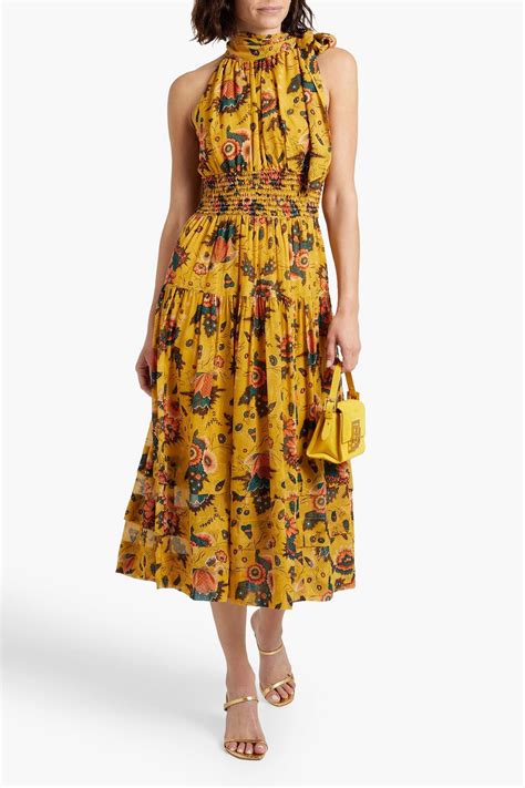 Ulla Johnson Maya Shirred Floral Print Silk Chiffon Midi Dress The Outnet