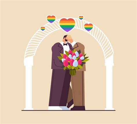 Casal gay recém casado flores se beijando perto do arco do casamento transgênero ama a