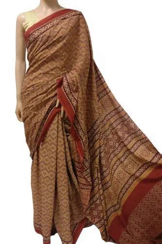 Printed Multicolor Ajrakh Cotton Saree With Blouse Piece M