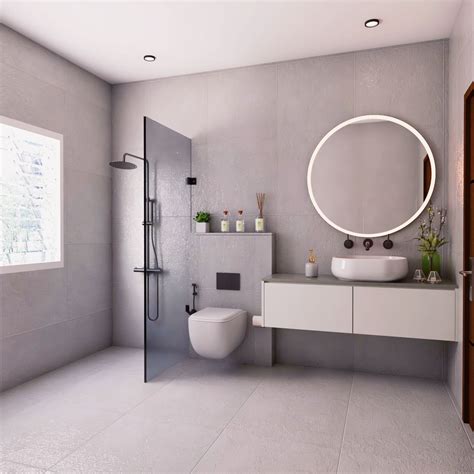 Grey Contemporary Bathroom Design With Round Mirror And Glass Partition