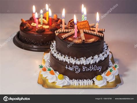 Chocolate Cake With Happy Birthday Light Candle Stock Photo By