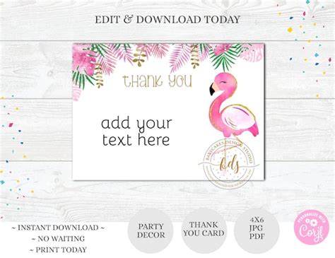 Editable Flamingo Birthday Thank You Card Printable Instant Etsy