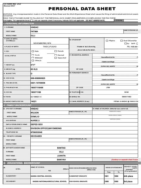 Sample Cs Form 212 Revised 2017 Deped Omnibus Certification Of