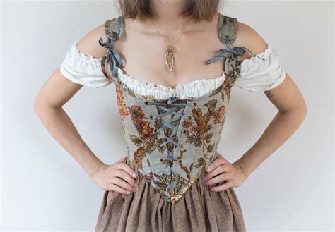 Renaissance Corset Bodice Stays In Grey Jacobean Floral With Peacocks