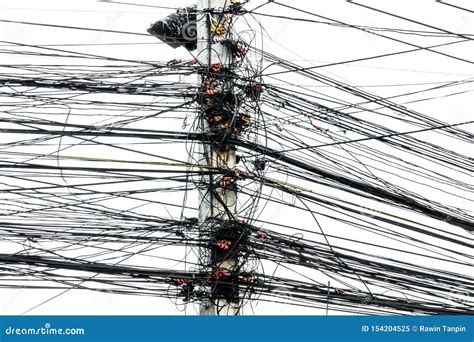 Messy Chaos of Cables with Wires on Electric Pole on White Background ...