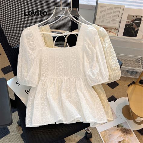 Lovito Casual Plain Eyelet Embroidery Puff Sleeve Blouse For Women