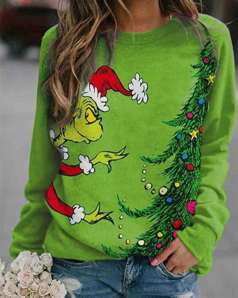 Women Christmas Grinch Tree Print Sweatshirt Types Of Sleeves Long