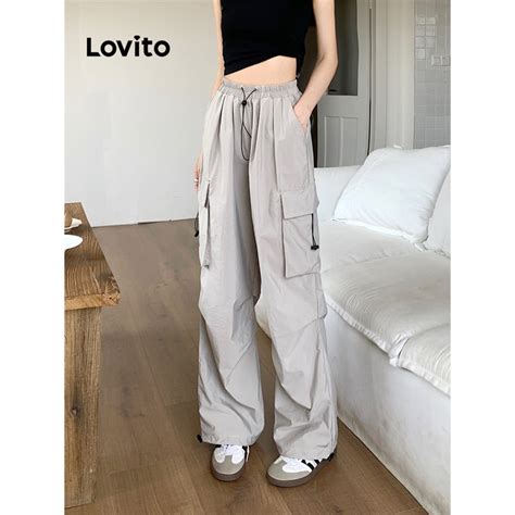 Lovito Casual Plain Drawstring Pocket Pants For Women Lne Light