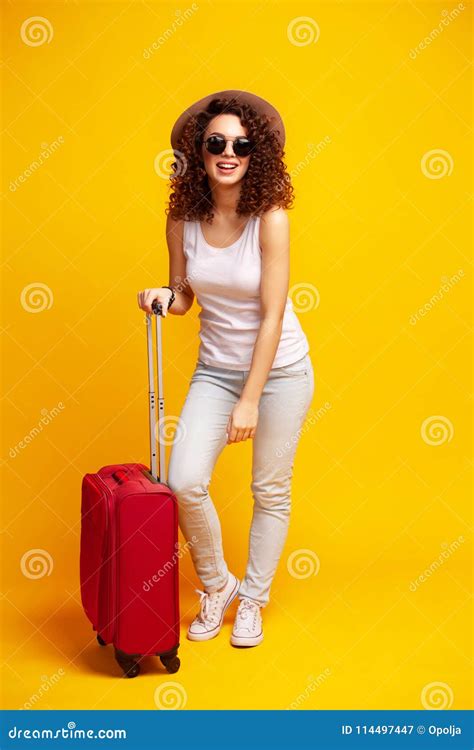 Woman Traveler With Suitcase On Color Background Stock Image Image