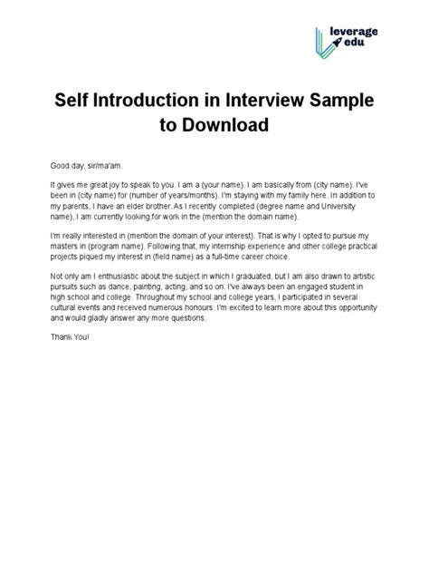 Self Introduction In Interview Sample Pdf