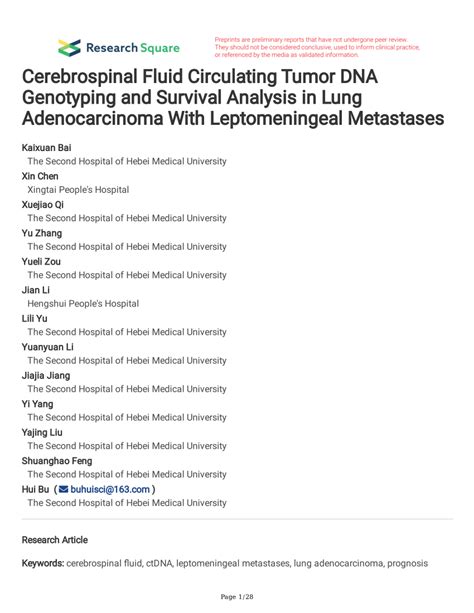 Pdf Cerebrospinal Fluid Circulating Tumor Dna Genotyping And Survival