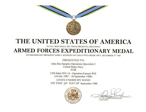 Armed Forces Expeditionary Medal Certificate Military Certificates