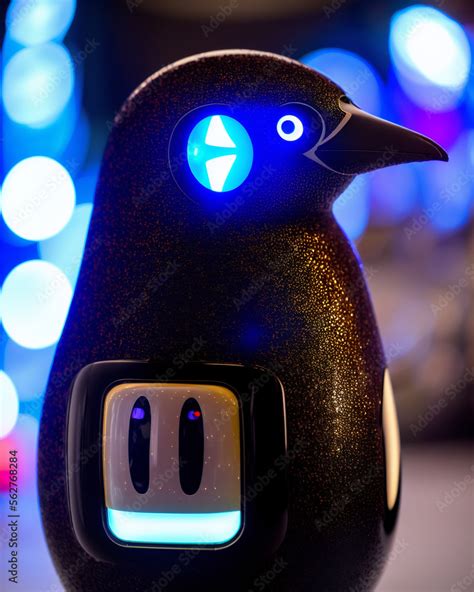 Cyborg penguin from the future. Penguin-shaped mechanical robot. A post ...