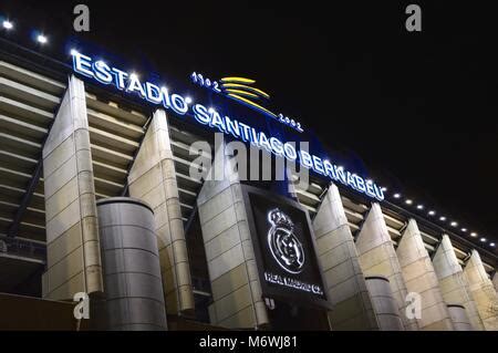 Night view of the facade of the Santiago Bernabeu stadium of Real ...