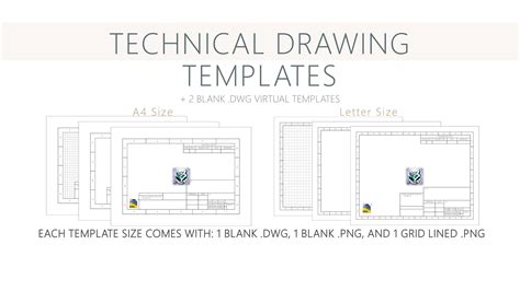 4 Printable PDF Files Technical Drawing Templates & 2 BONUS DWG Virtual ...