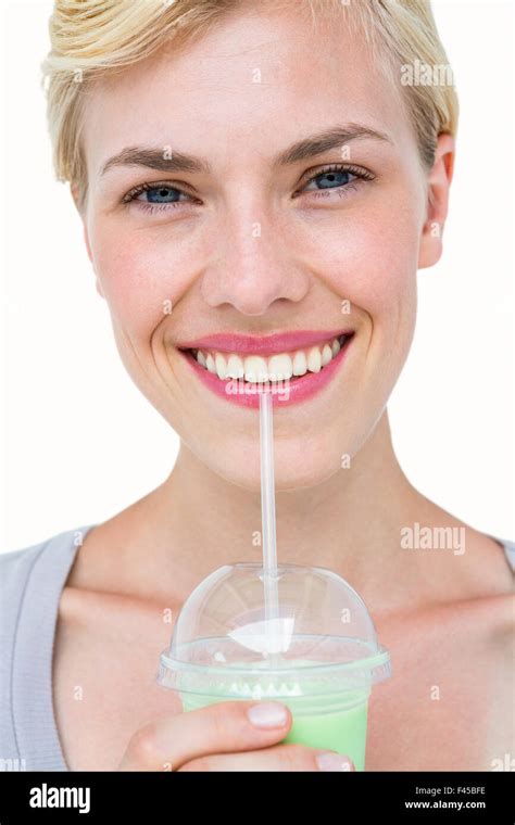 Attractive Blonde Woman Holding Healthy Juice Stock Photo Alamy