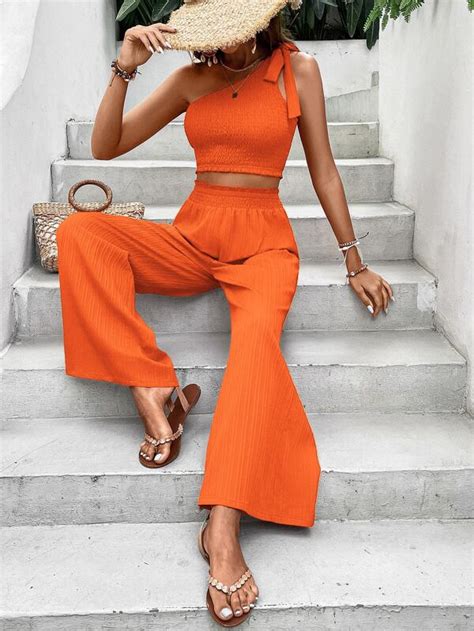 Shein Vcay Crop Top Mit Einer Schulter Frei Seitlichem Knoten And Hose