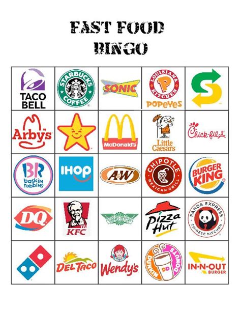 Printable Fast Food Bingo Etsy