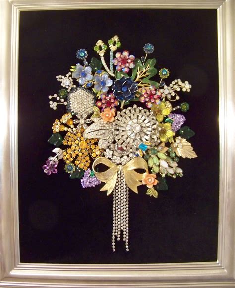 Mixed Media & Collage Jewelry Art Framed Jewelry Bouquet of Vintage Brooches and Jewelry Parts ...