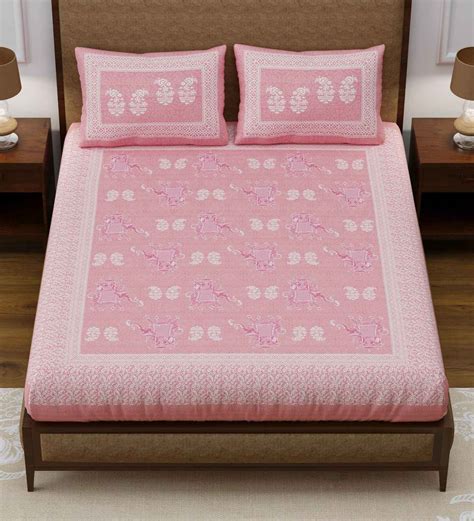 Buy Pink Floral 144 Tc 100 Cotton King Sized Bed Sheets With 2 Pillow