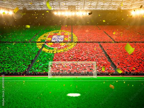 Flag Portugal of fans! Evening stadium arena soccer field championship ...