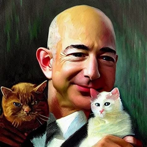 A Beautiful Oil Painting Of Jeff Bezos Holding A Cat Stable