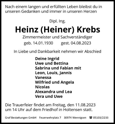 Traueranzeigen Von Heinz Krebs Trauer Anzeigen De