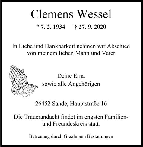 Traueranzeigen Von Clemens Wessel Nordwest Trauer De