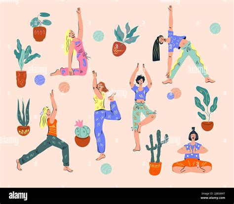 Women Doing Yoga Asanas Among Houseplants Flat Vector Illustration