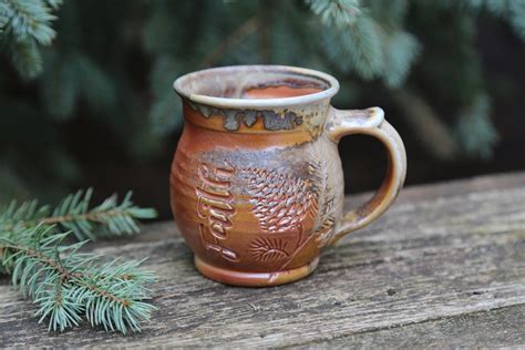 13oz Hand Carved Ceramic Mug Wheat Scripture Wood Fired Pottery Orange