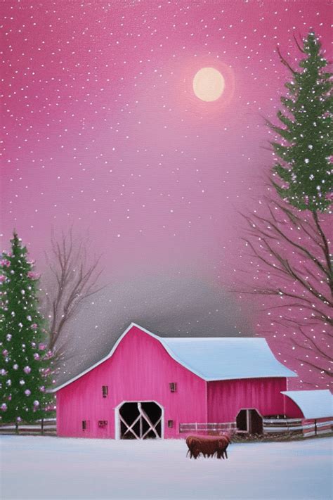 Acrylic Painting Pink Country Barn with Wreath White Windows Snow ...